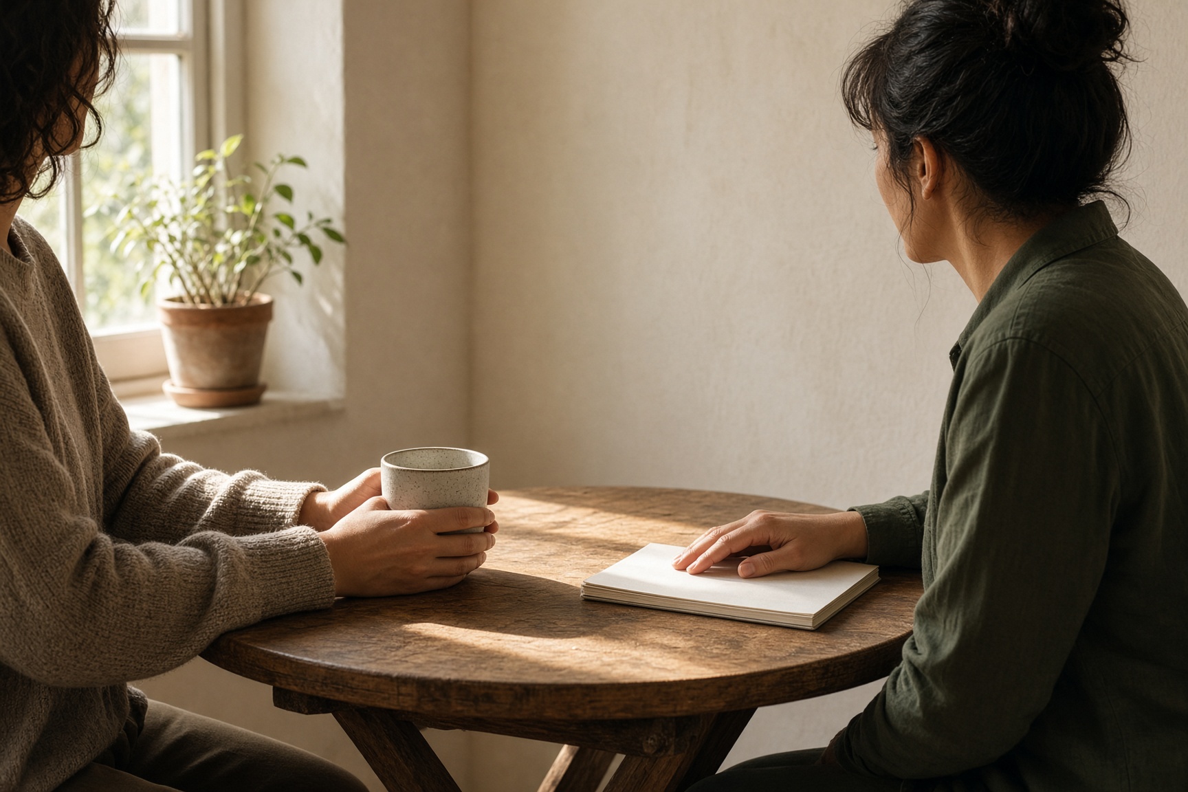 Two people in conversation across a sunlit table, hands around a mug and a notebook